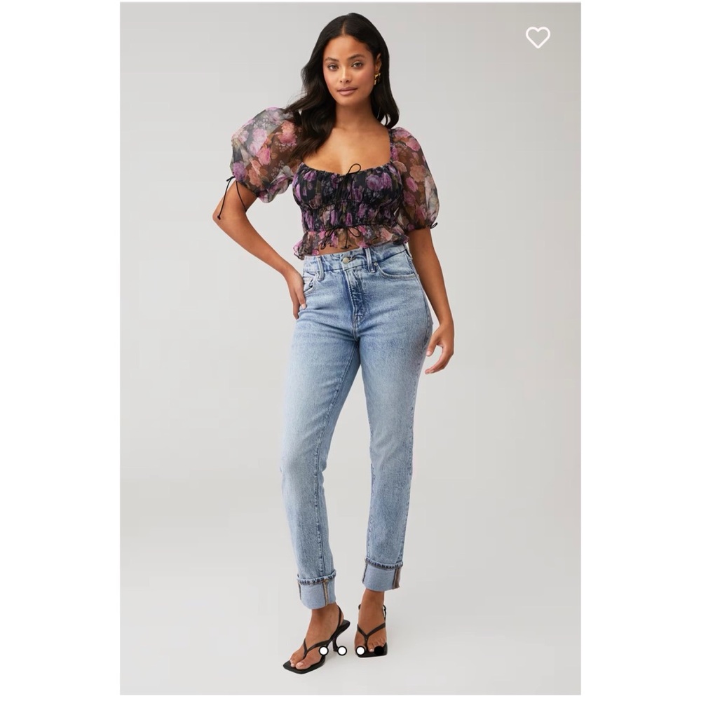 For Love & Lemons Puff Sleeve Floral‎ Top - Black and Pink Small $169